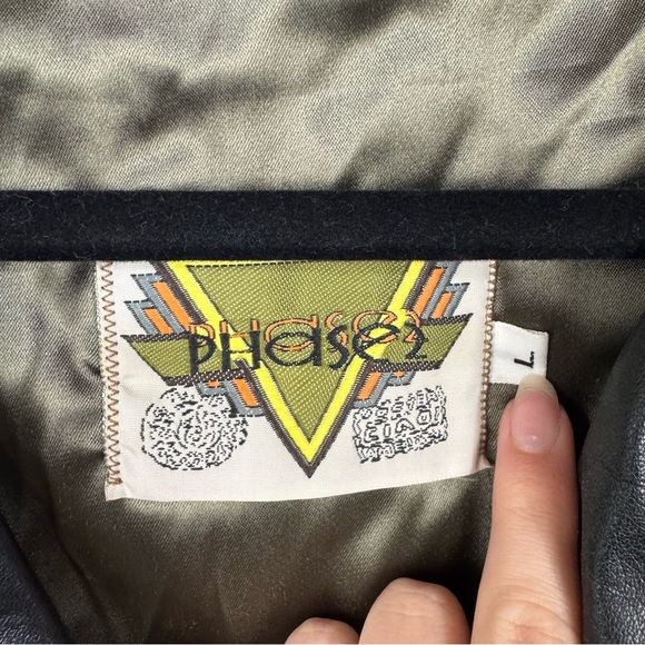 Vintage Phase Two 2 Black Leather Pea Coat Blazer Neutral y2k retro Fur lined - Picture 6 of 6